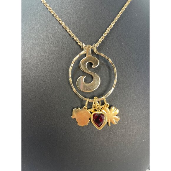 Personalized Initial 'S' Gold Necklace With Charms - Star Heart & Clover Accents - Picture 3 of 6